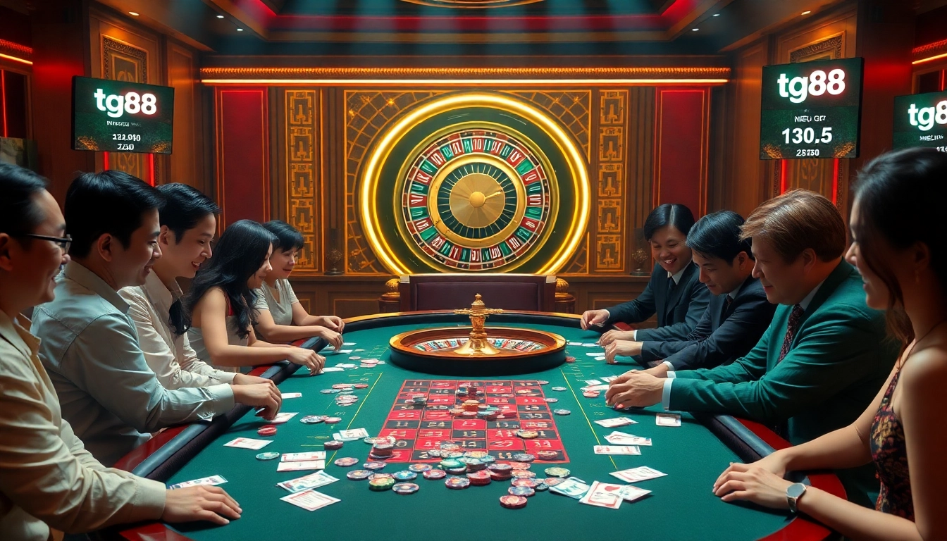 Tai Xiu game scene featuring tg88, illuminated roulette wheel, and lively casino atmosphere.