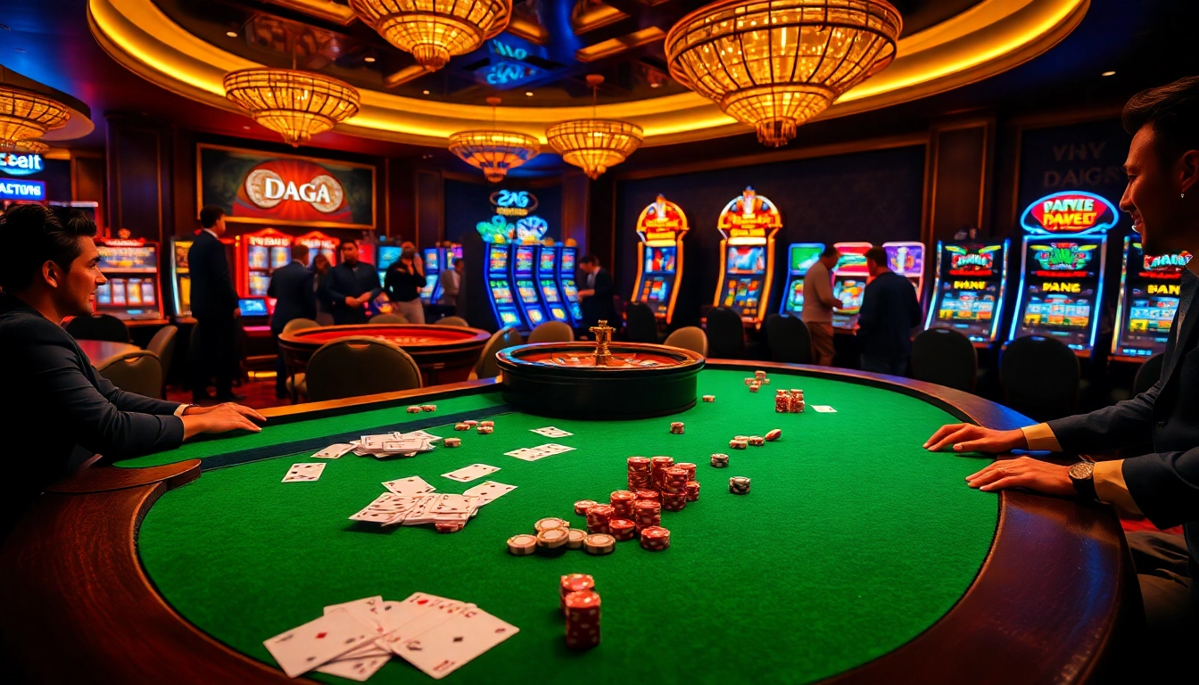 DAGA gamblers playing at an upscale casino table with poker chips and cards.