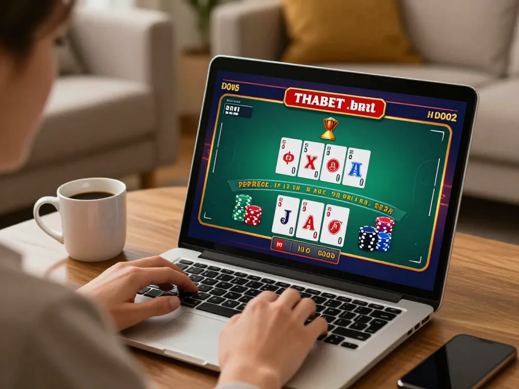 Player enjoying THABET online blackjack at home with laptop and strategy notes