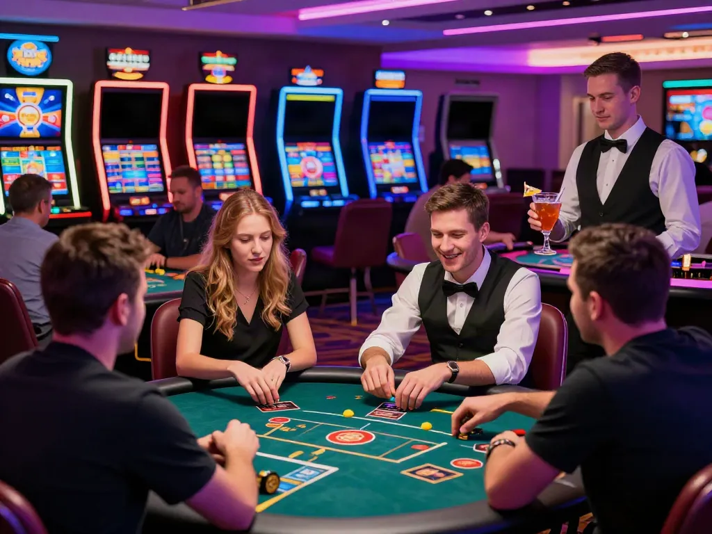 Players enjoying the atmosphere of a non GamStop casino with vibrant lights and engaged interactions.
