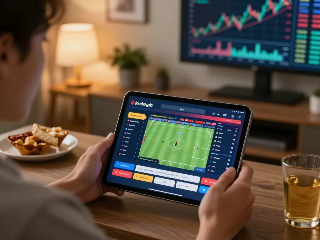 Engaging with keobongda on a tablet for online sports betting action in a cozy setting