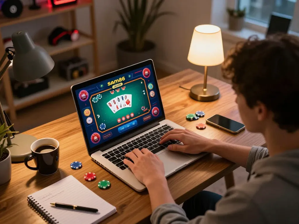 Players enjoy sam86 online gaming session at home, engaging in strategy with modern setup.