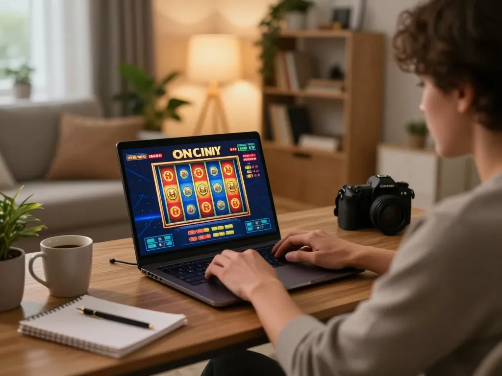 Engaged user playing online slots at https://99win.actor/ in warm, inviting home setting.