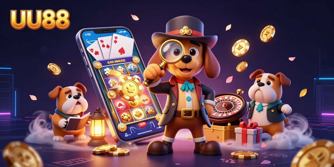 UU88 players examine winning poker opportunities with detectives and treasure in this lively casino scene.
