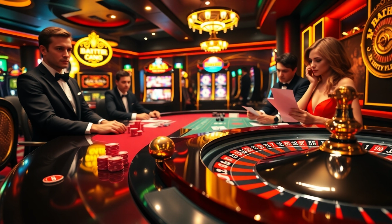 Exciting gambling action at a roulette table with BDTK66-themed poker chips and vibrant casino ambiance.