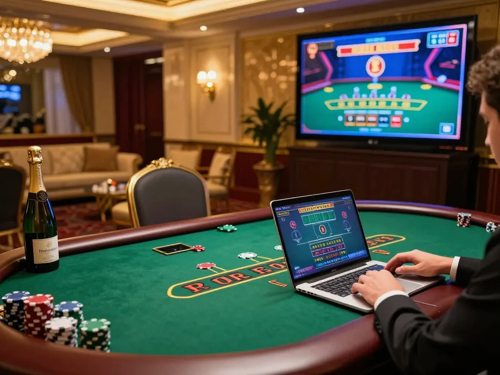 Experience thrilling gameplay at okfun online casino with interactive blackjack table in a luxurious setting.
