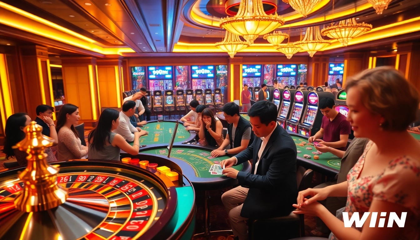 Players experiencing the thrill of gambling at 99WIN's luxurious casino tables.