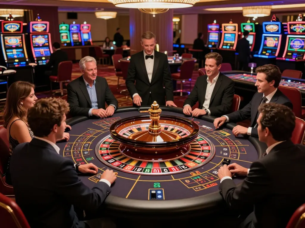 Players gather around the roulette table at BL555 casino, placing bets in a vibrant atmosphere.
