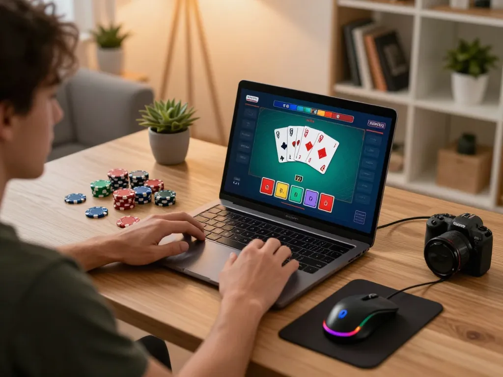 Engaging online gameplay at https://da88at.com/ with vibrant displays of cards and chips in a stylish home office.