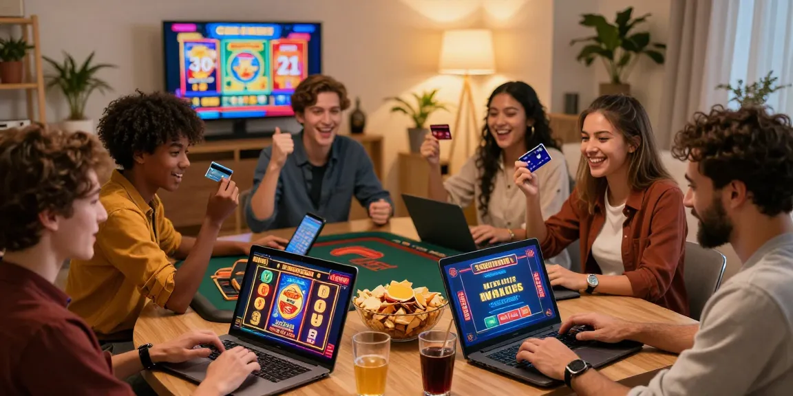Exciting players on eviz.org.uk enjoying credit card casinos on various devices in an inviting living room.