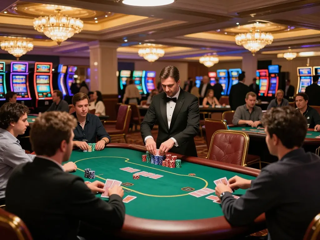 Excited players strategizing at poker tables in the vibrant casino of 789win, showcasing engaging gameplay.
