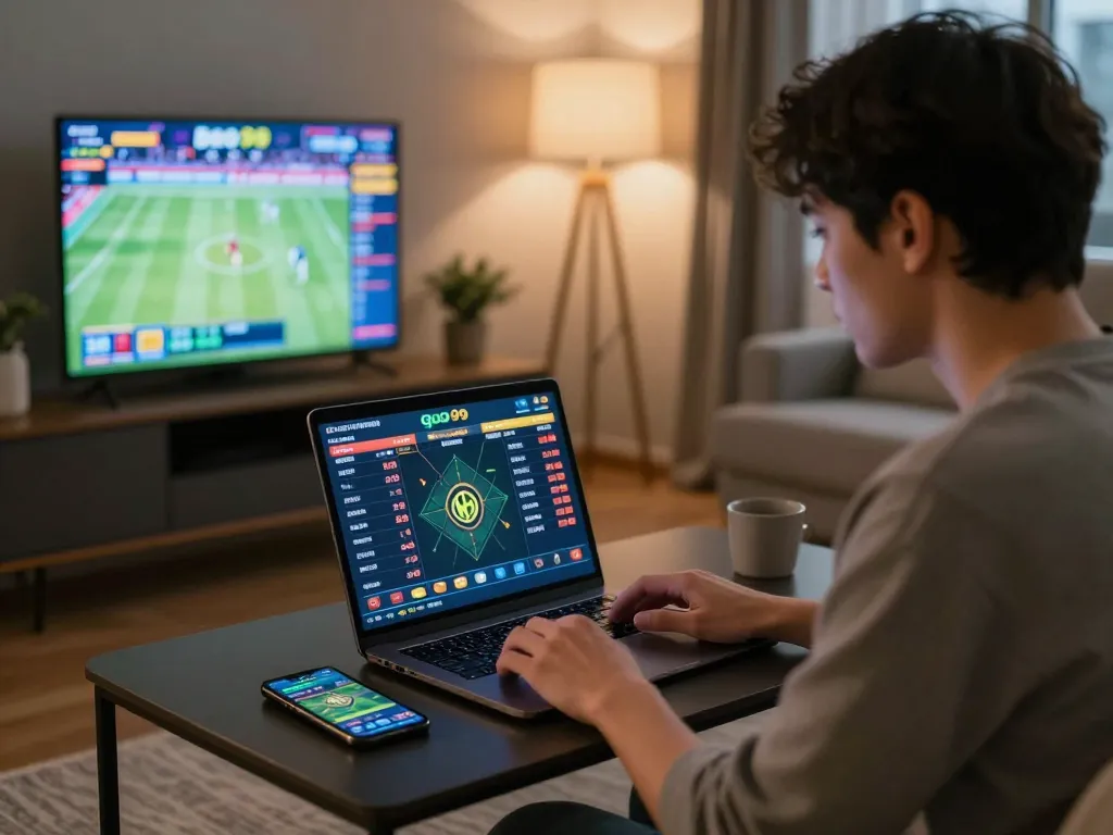 Engaging in live sports betting on go99 app while analyzing odds on multiple screens in stylish apartment.