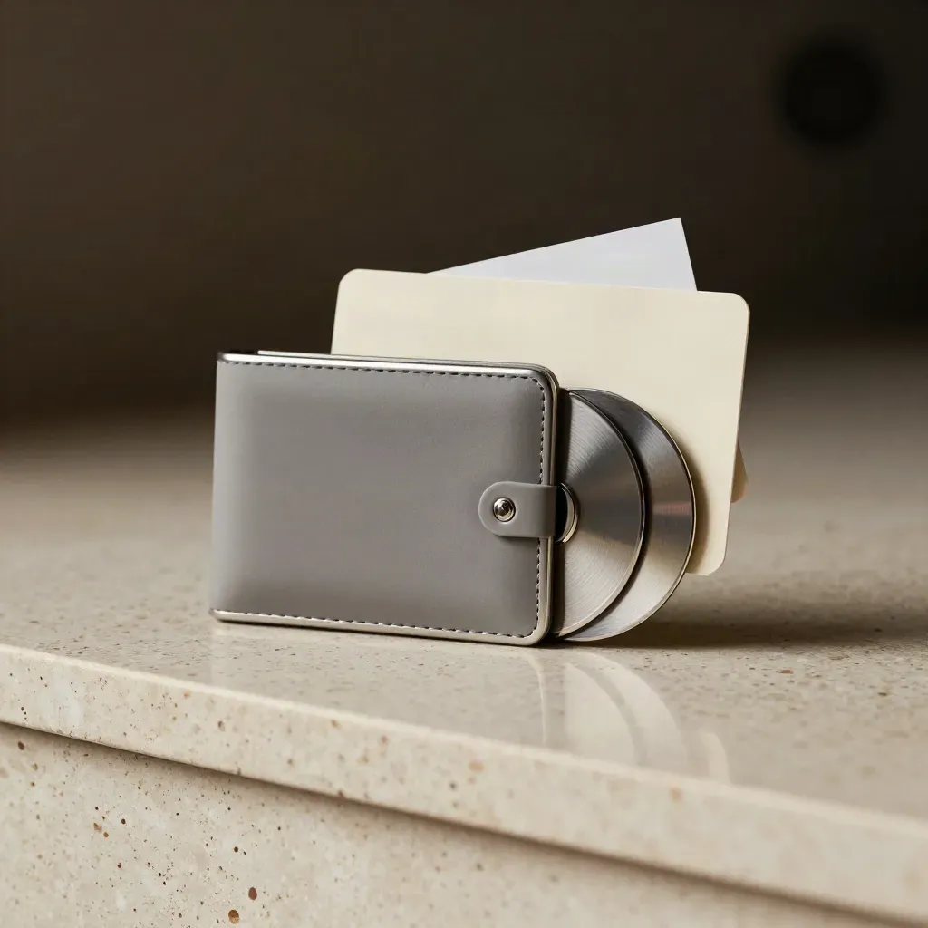 Dramatic Bit Crown review kit with wallet capsule, silver discs and card sleeve on travertine