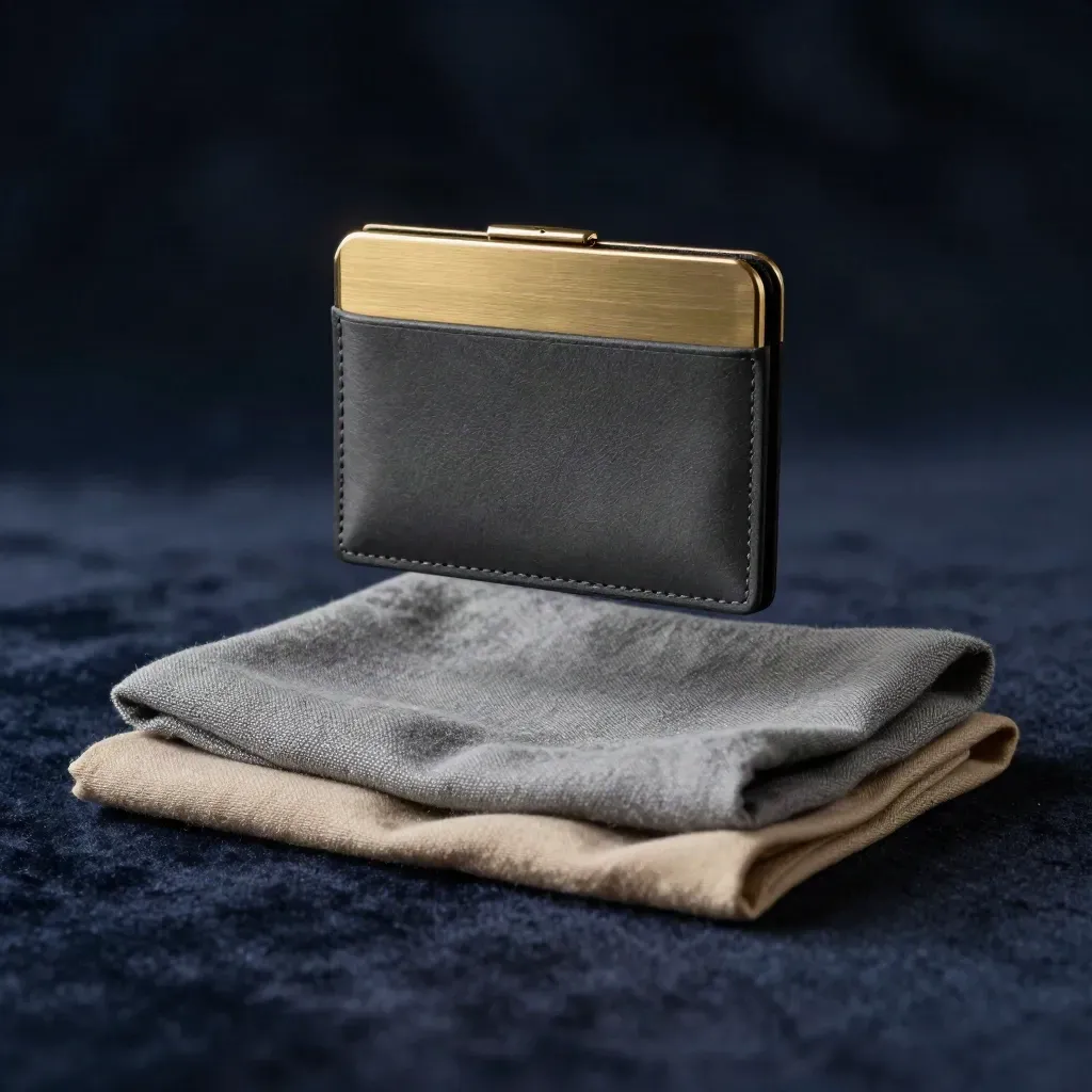 Floating broker setup kit with matte card wallet, brass coin puck and folded cloth swatches in navy haze.
