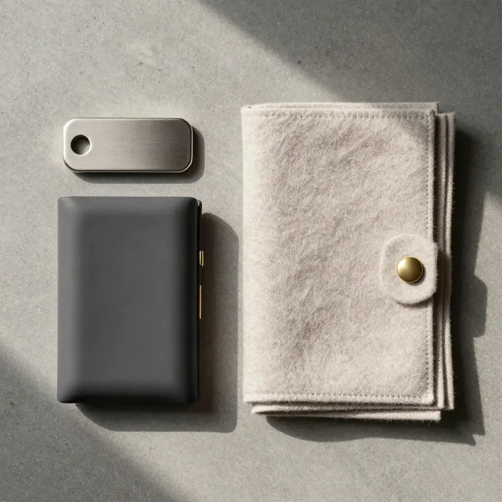 Overhead flatlay of wallet setup parts on folded stone cloth with silver and gold accents