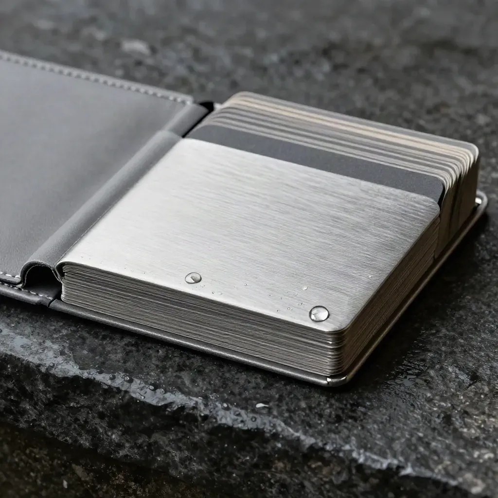 Brushed-metal portfolio review folio and pebble-grey cards on wet dark stone