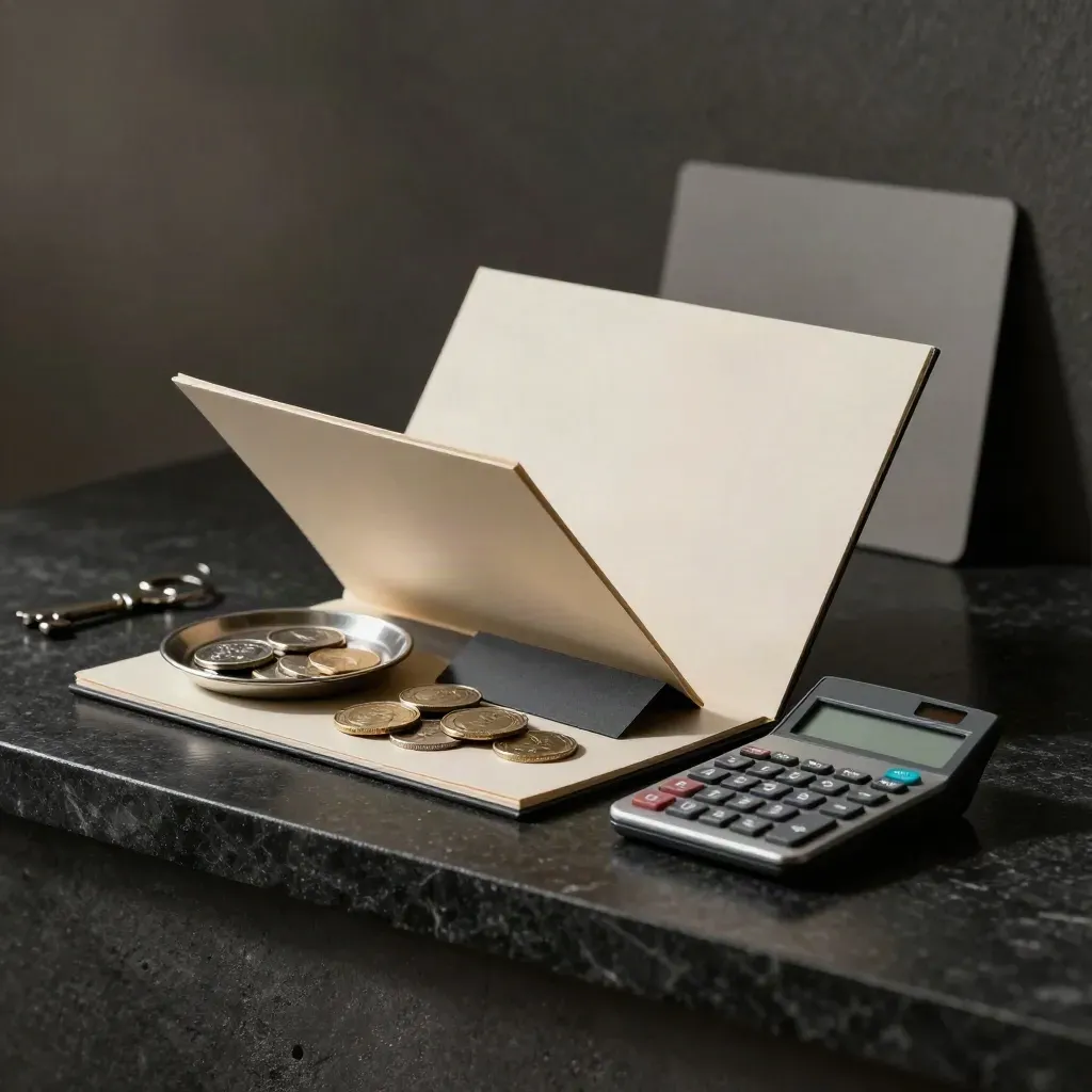 Dark crypto tax basics kit with folder, divider, coin tray and calculator block on stone.