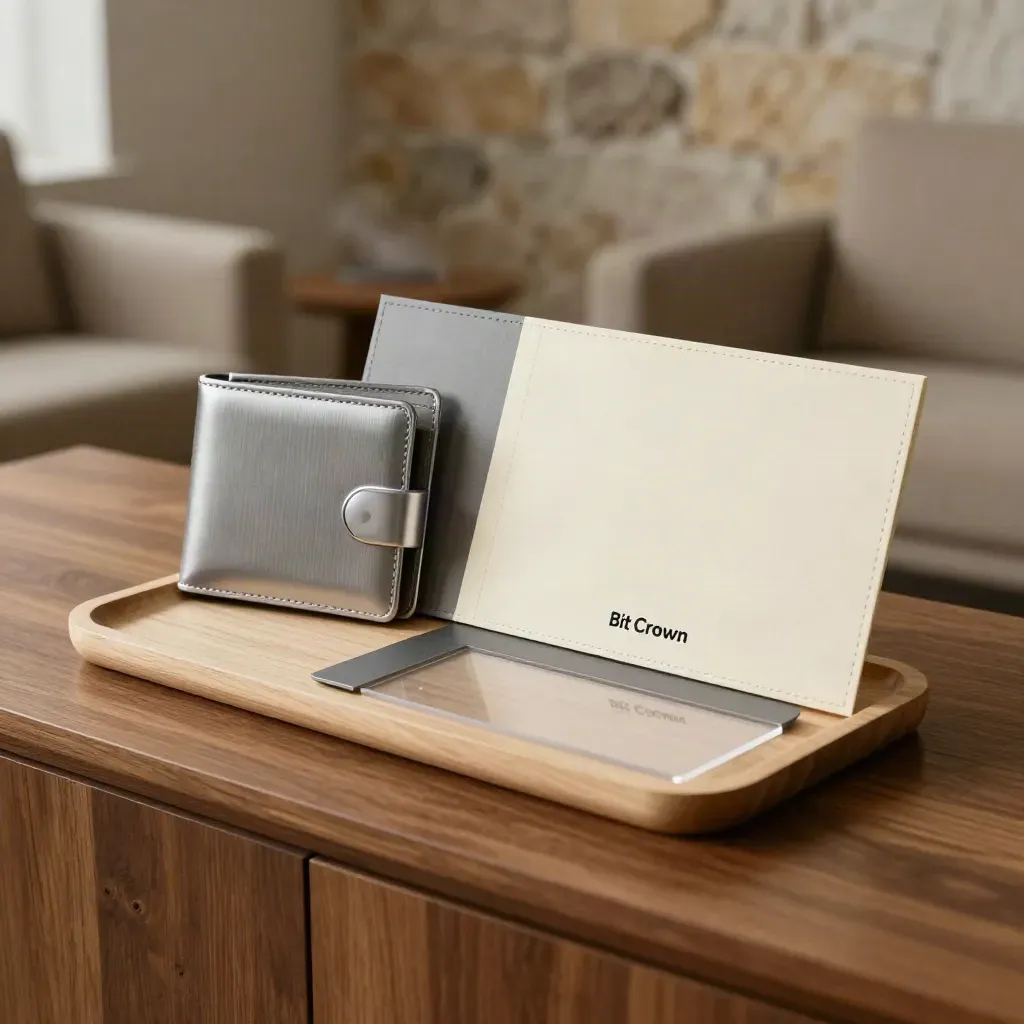 Investor onboarding folio, silver wallet device and pale wood tray on a warm walnut sideboard.