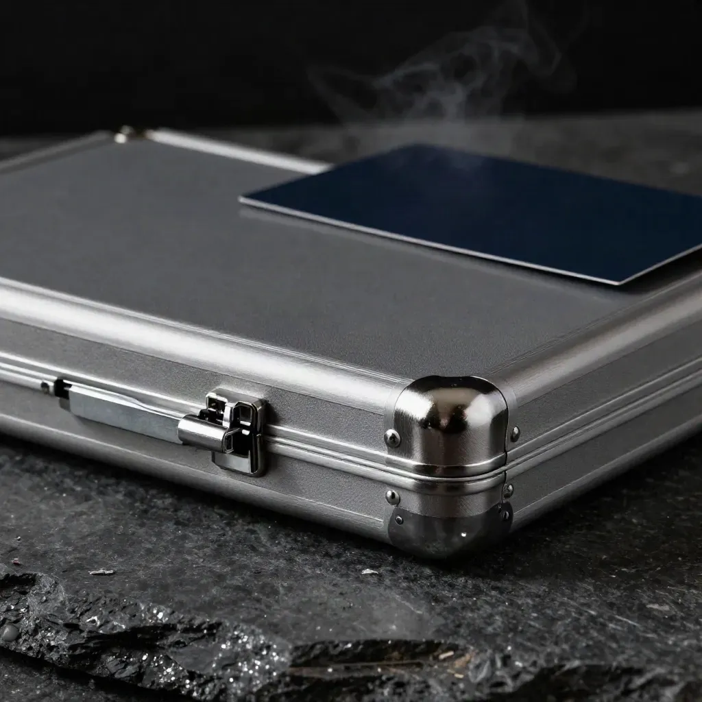 Macro of a matte metal custody case half-open on dark stone with a silver clip and cool mist.