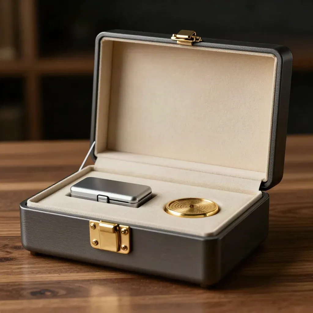 Open custody guide pack with blank inserts, silver device and brass seal disc in a studio hero setup