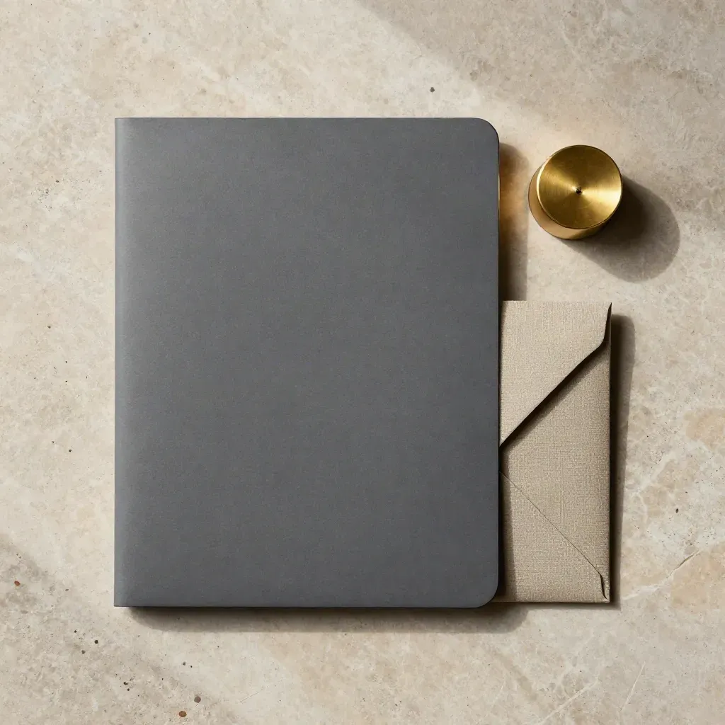 Overhead flatlay of a graphite market brief pack with brass paperweight on pale limestone.