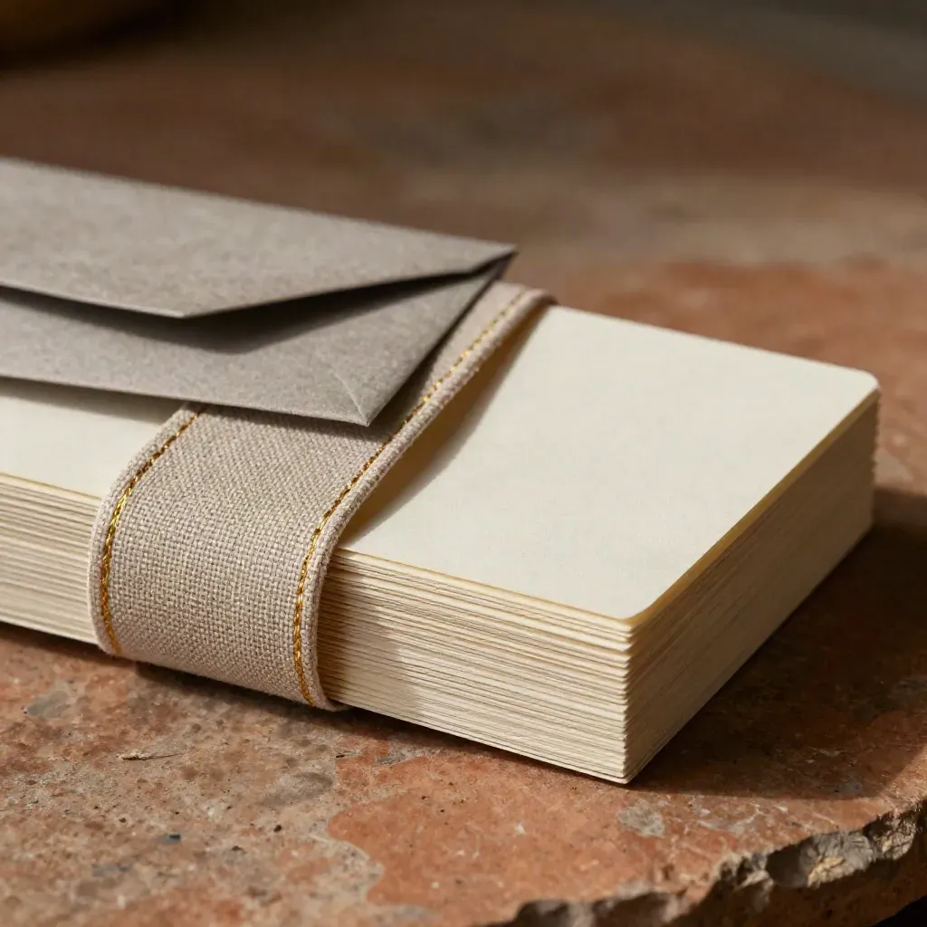 Macro of blank ivory cards, matte envelope and linen band on terracotta stone.