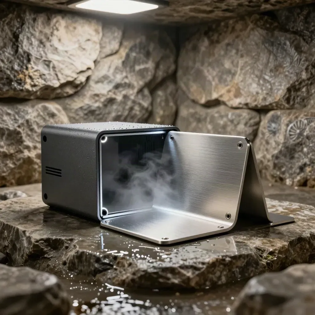 Hardware wallet cradle, steel plate, and graphite case on wet stone in cool mist