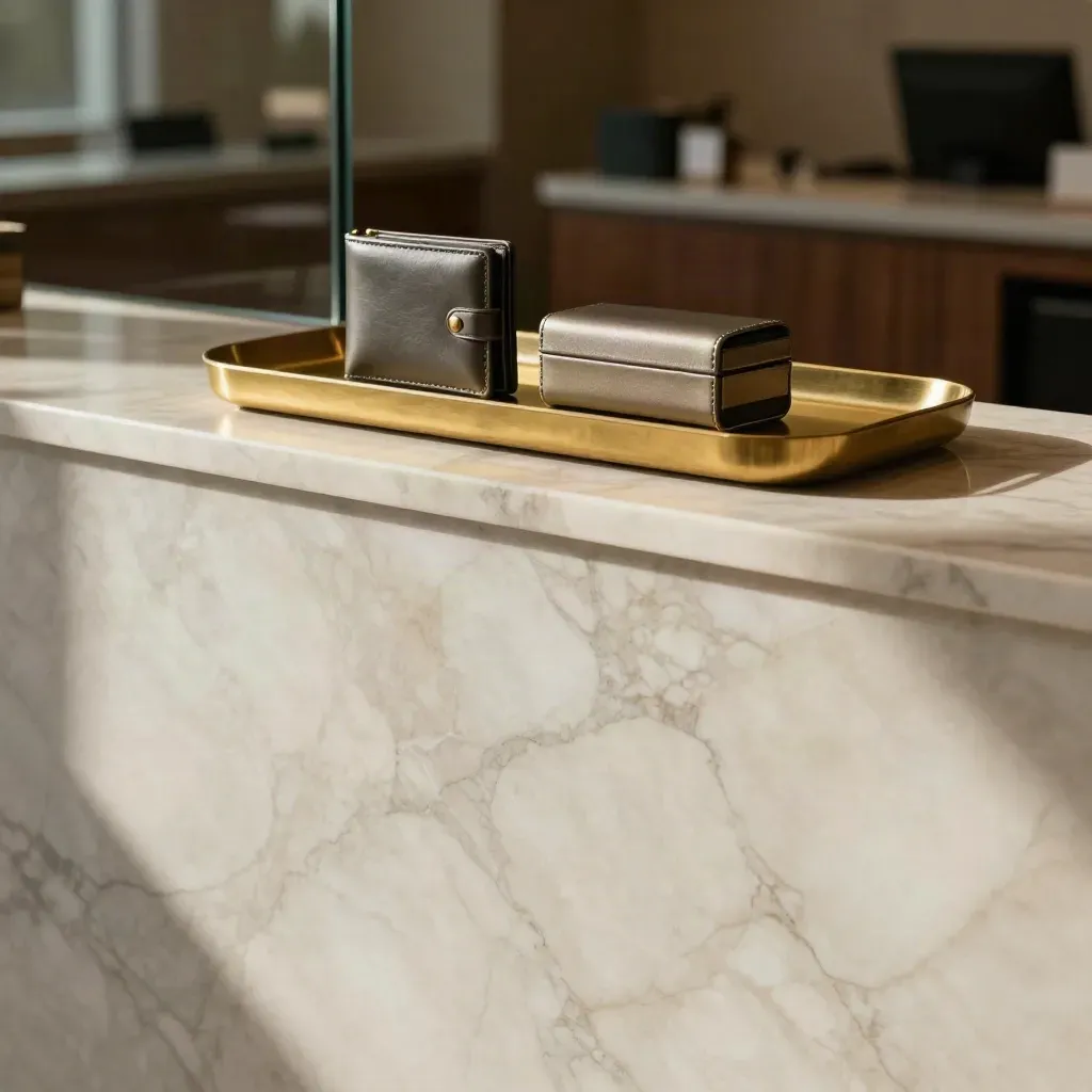 Marble console with brass tray, hardware wallet and glass partitions in a quiet brokerage lounge