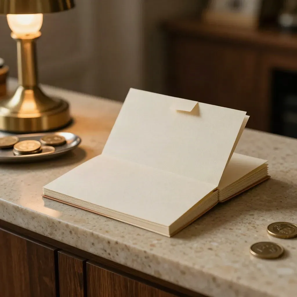 Market notes bundle with coin tray and glowing lamp base in a warm travertine setting.