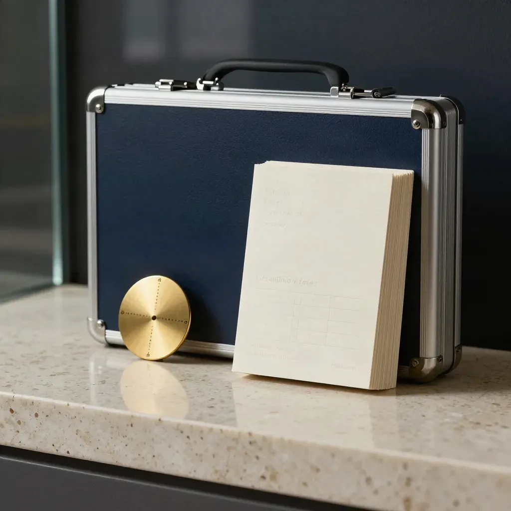 Silver portfolio trim plan kit, brass disc and card stack on travertine