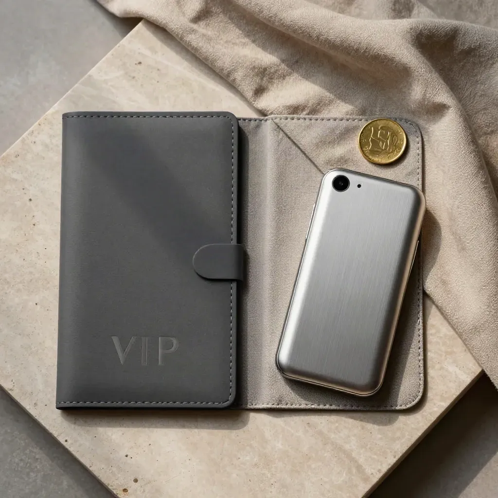 Overhead flat lay of a silver wallet device, brass coin, and linen sleeve on stone.