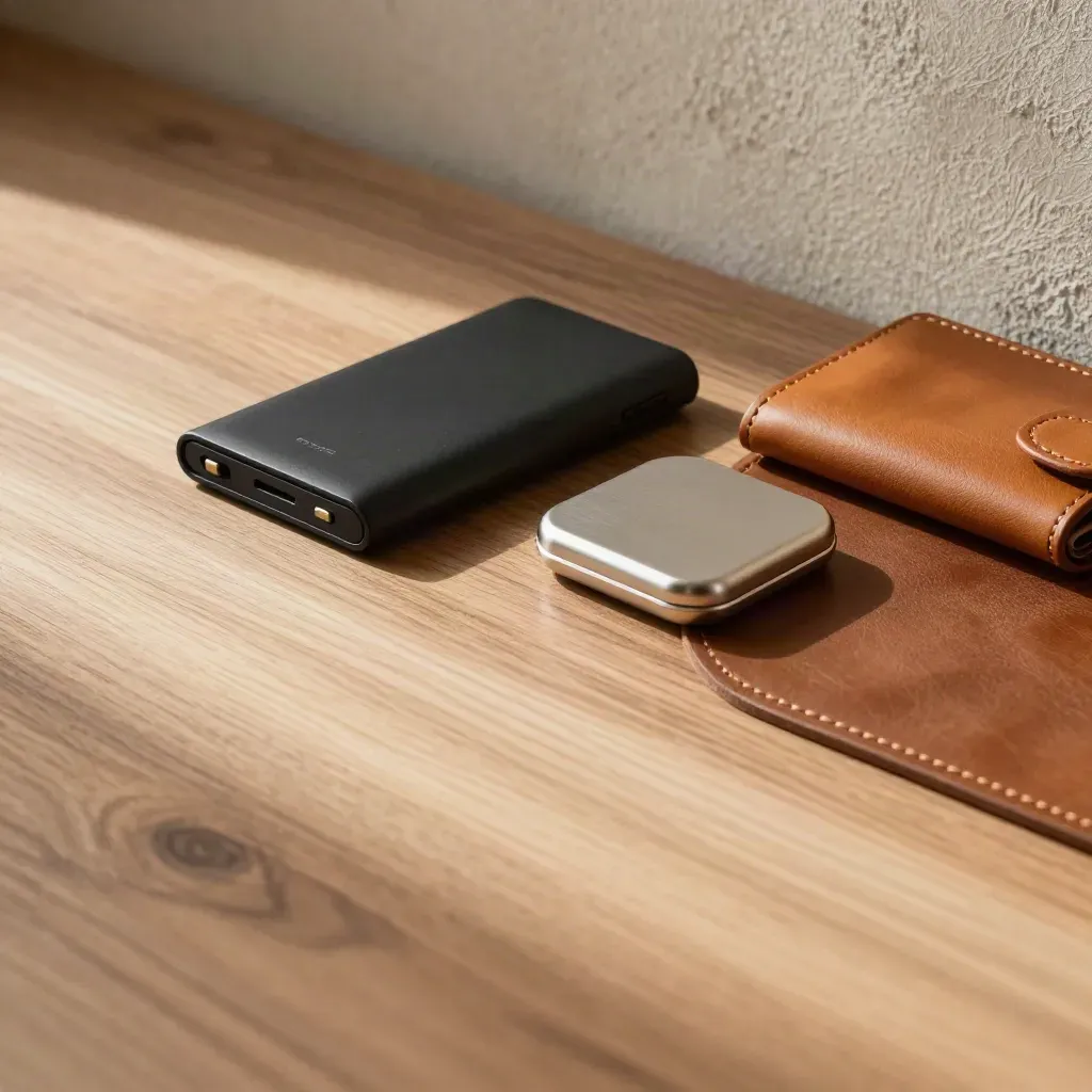 Hardware wallet setup on warm wood with silver case and leather mat, softly lit above.