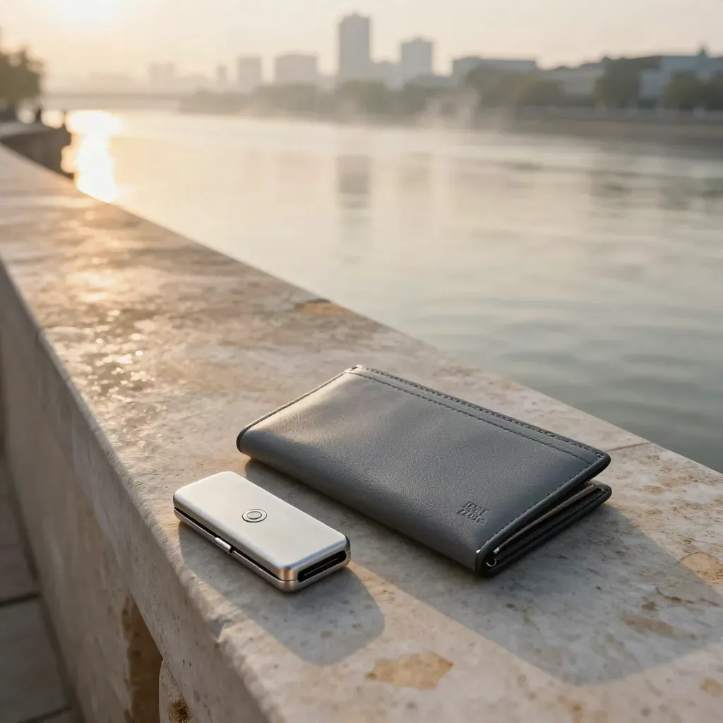 Silver crypto wallet on a misty stone terrace at sunrise with distant city skyline