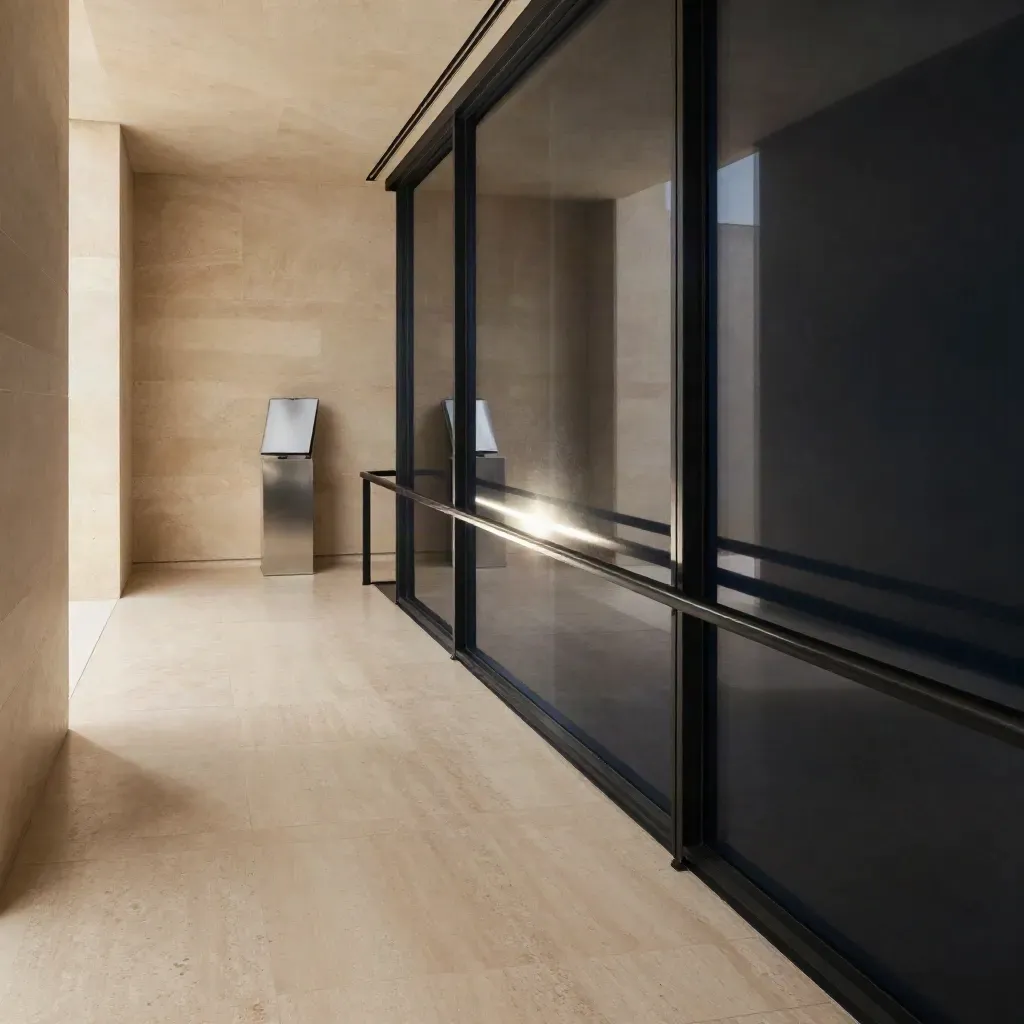 Sunlit limestone corridor with glossy black rail and calm stone floor for portfolio review copy.
