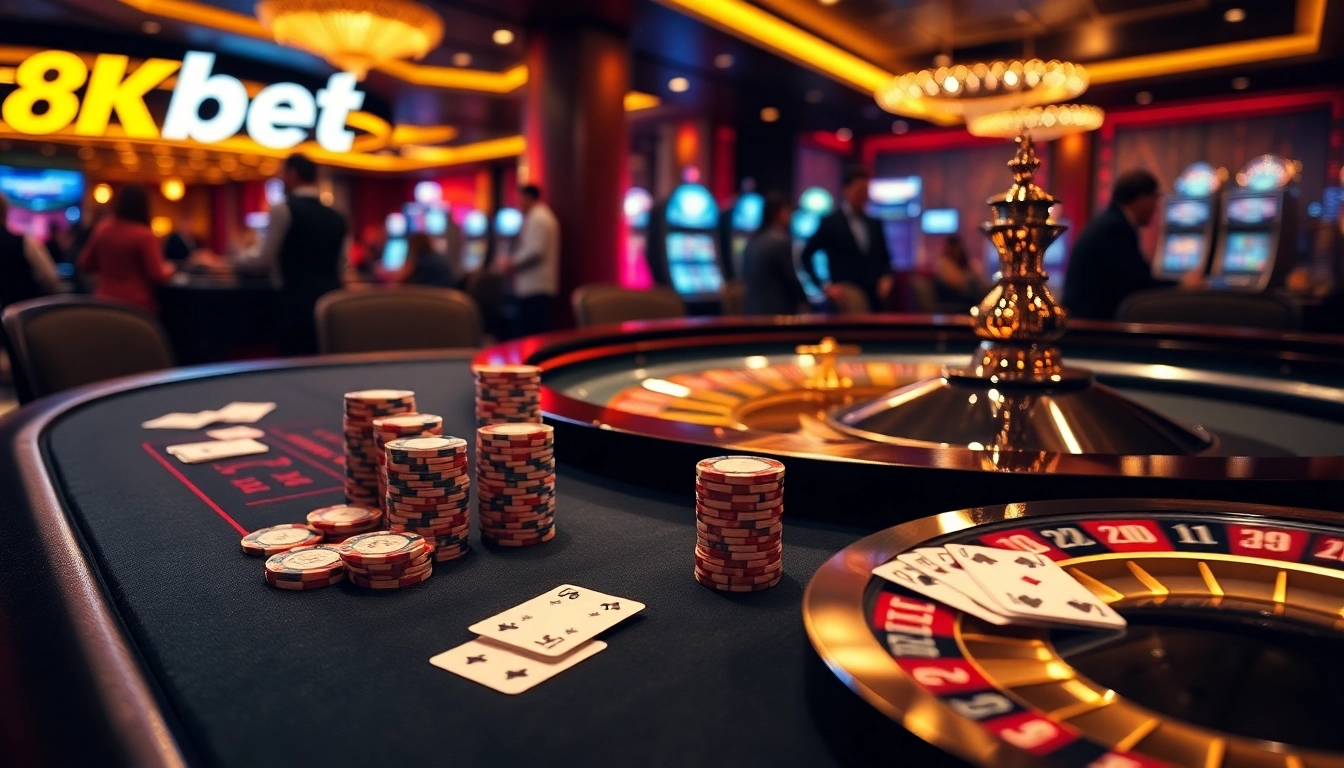 Experience the excitement of 8Kbet with a luxurious gambling scene featuring poker tables, chips, and festive roulette.