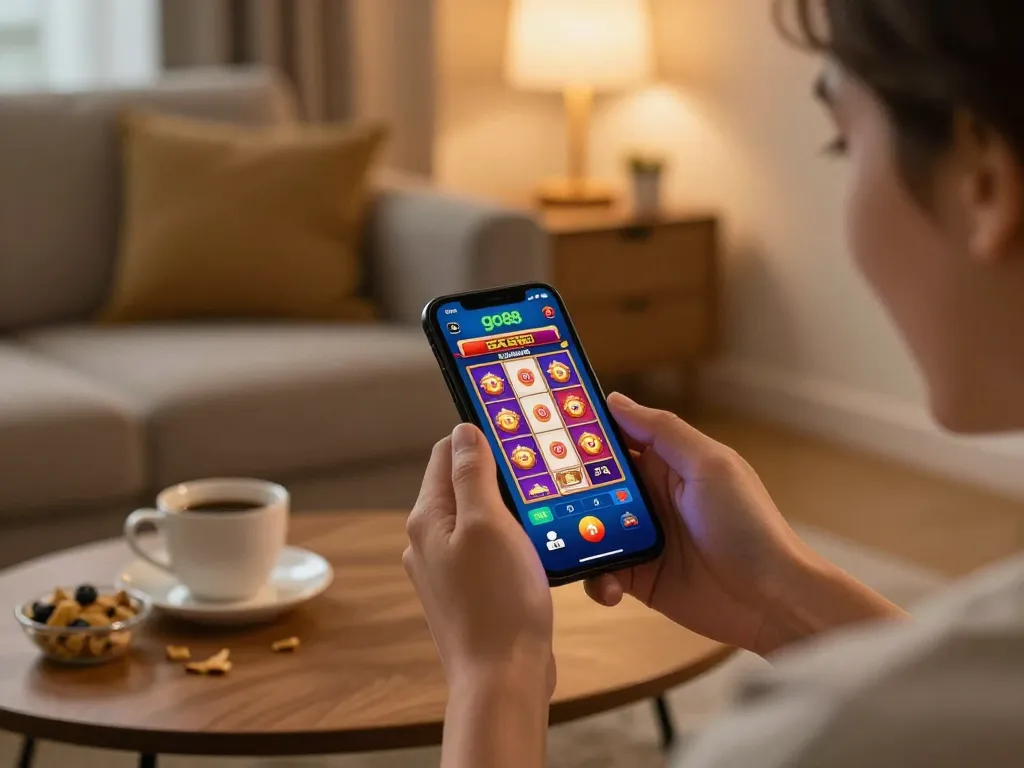 Engaging player enjoying exciting gameplay on the go88 app with vibrant slot visuals and cozy home background.