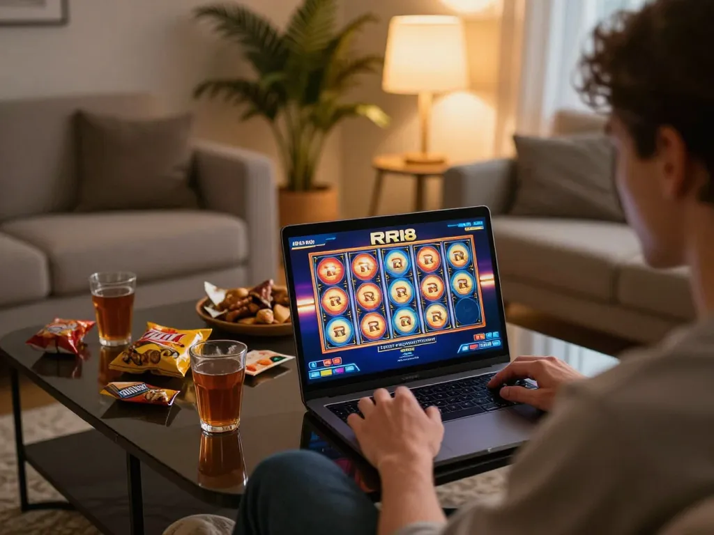 Player enjoying RR88 online casino slots on laptop in a cozy living room, vibrant gameplay moment.