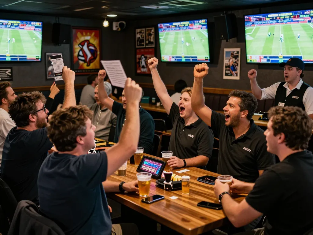 Engaged bettors at a sports bar celebrate wins while watching live games, featuring agenslot188 betting excitement.