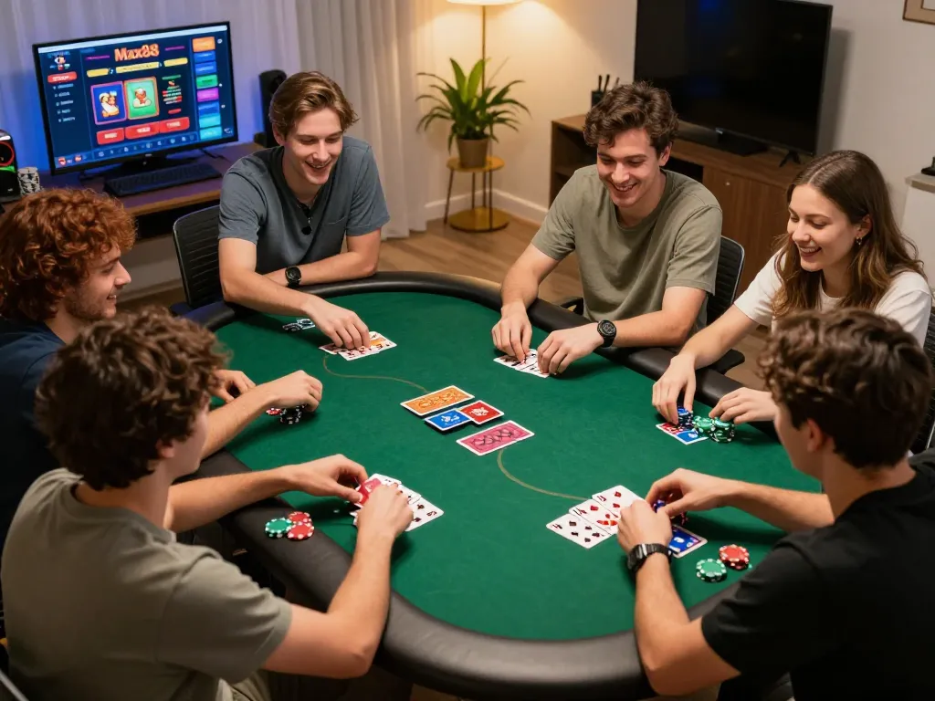 Max88 players enjoying an exciting home poker game with vibrant cards and chips