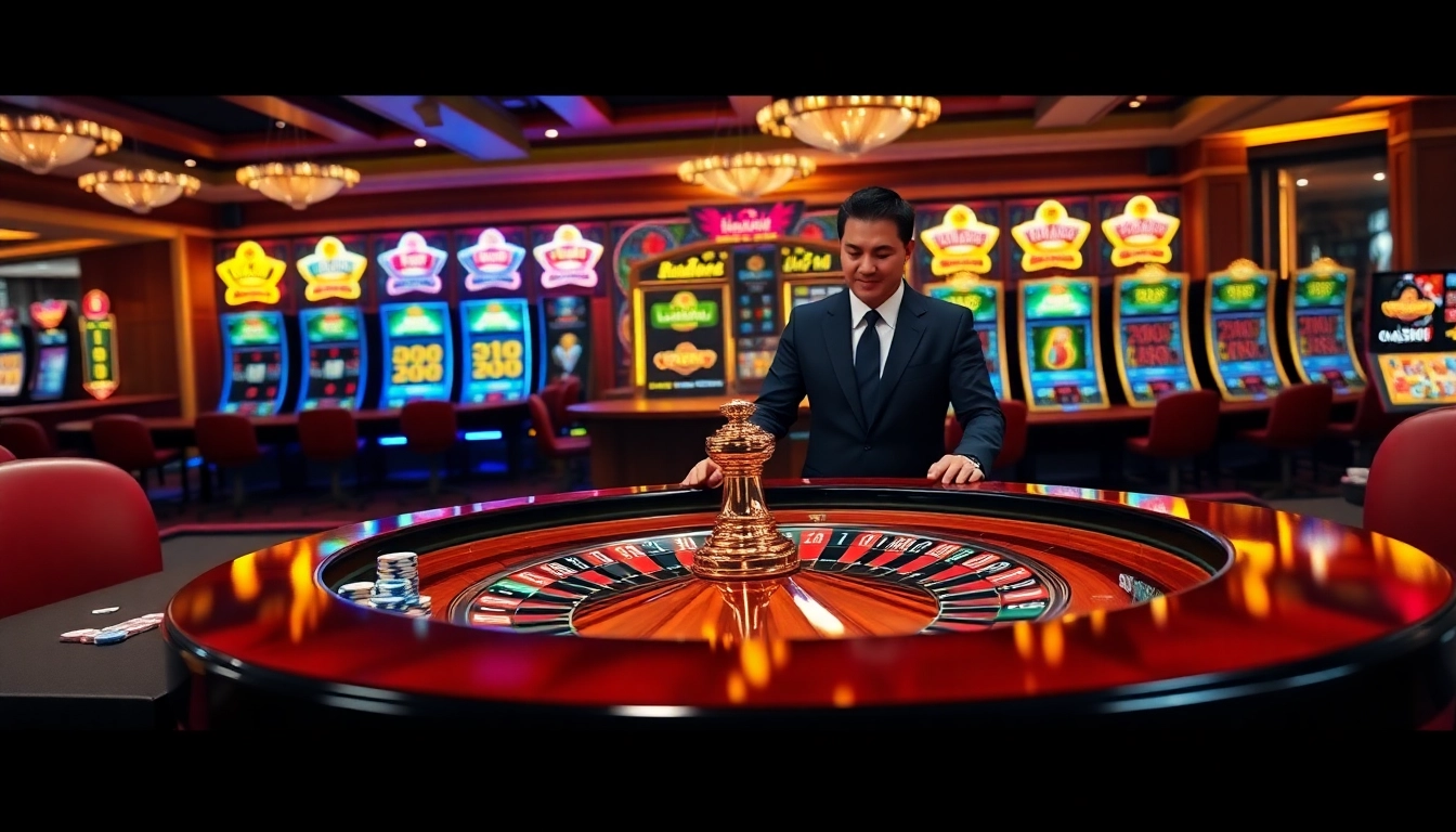 Excited players engage with the casino atmosphere at nhà cái lucky88, showcasing roulette and slot machines.