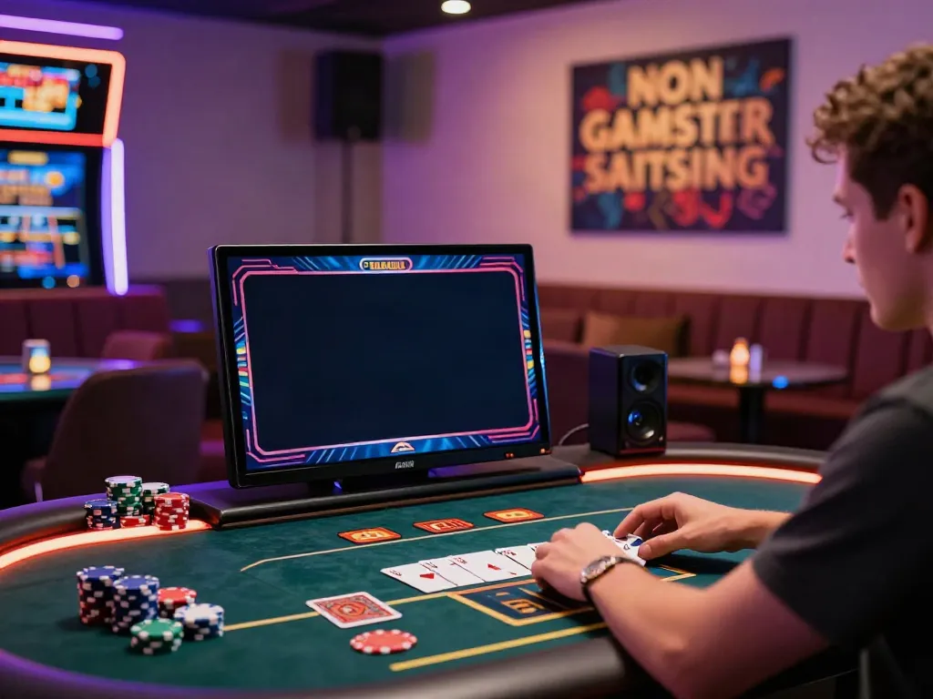 Engaging non gamstop casino gaming scene with player at laptop, chips, and cards.