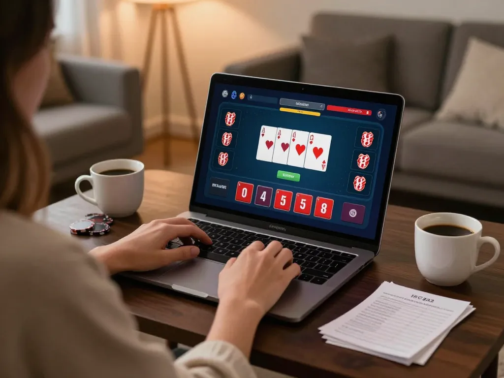 O8 online gaming interface displayed as player enjoys a cozy home setup.