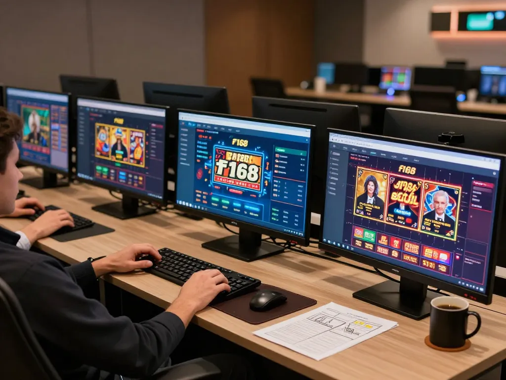 Player engaging in f168 online casino gaming on multiple screens, showcasing various games in an inviting atmosphere.