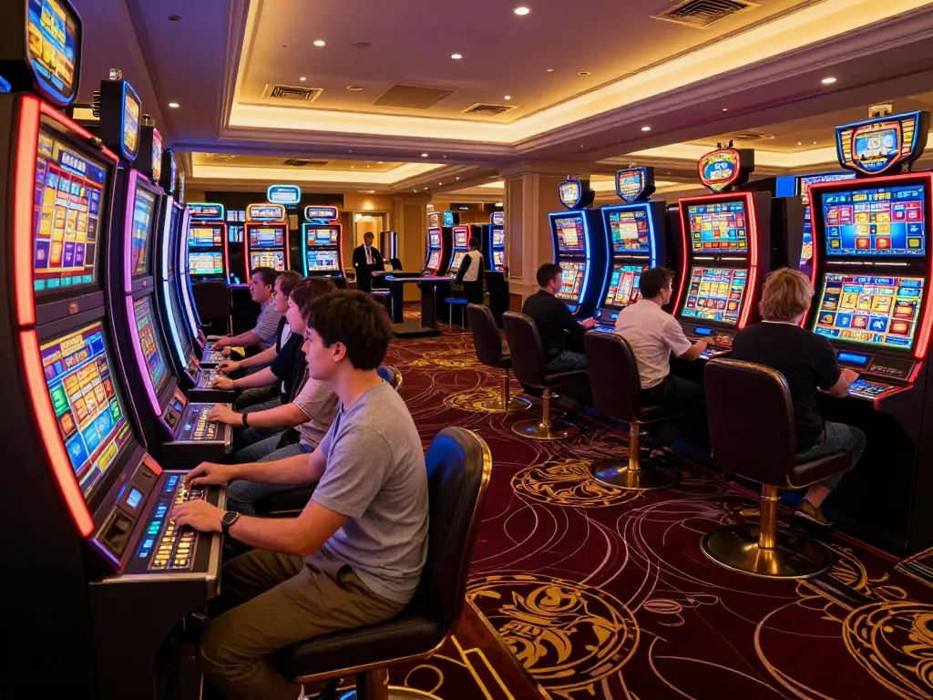 Experience the excitement of LC88's vibrant casino floor with lively slot machines attracting players.