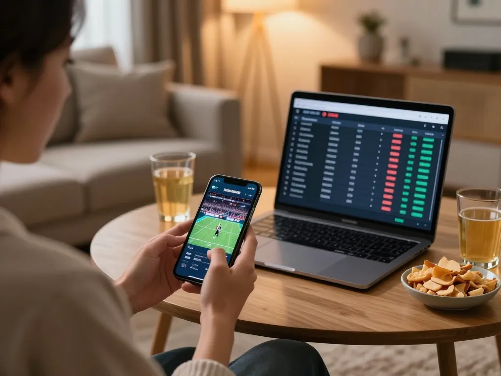 Bongdallu user analyzing betting odds on mobile app in cozy home setting