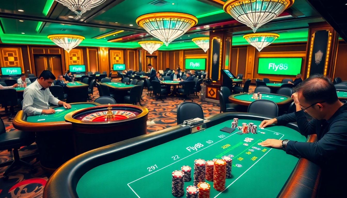 Experience the thrill of Fly88 at a luxury casino gaming table surrounded by intense players.
