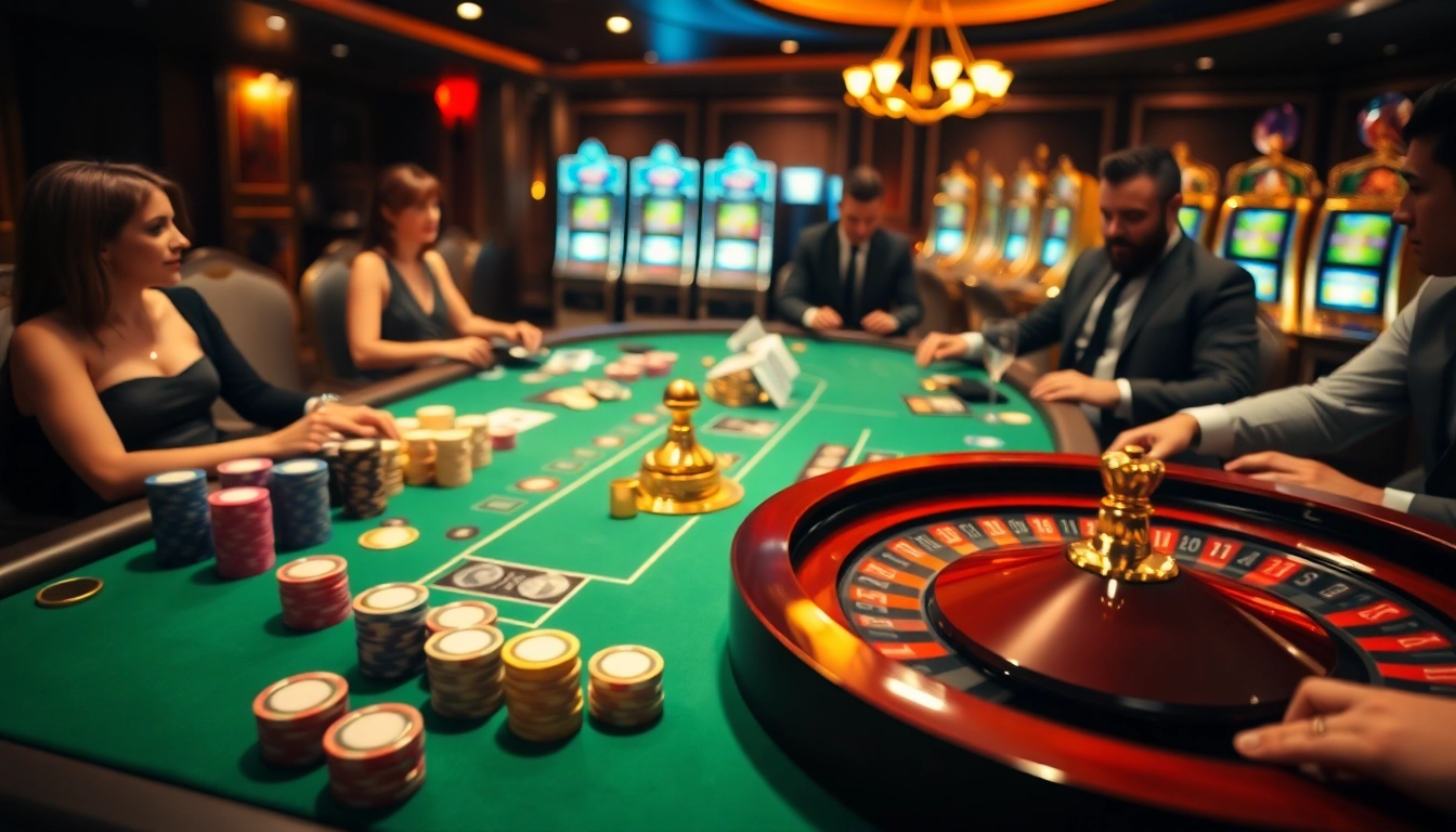 Engaged players experience Kqxs excitement around a luxurious casino table, showcasing vibrant poker chips and gambling accessories.