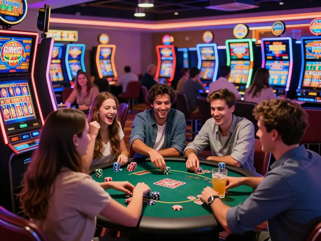 Friends celebrating at a lively non GamStop casino, showcasing vibrant slot machines and poker games.