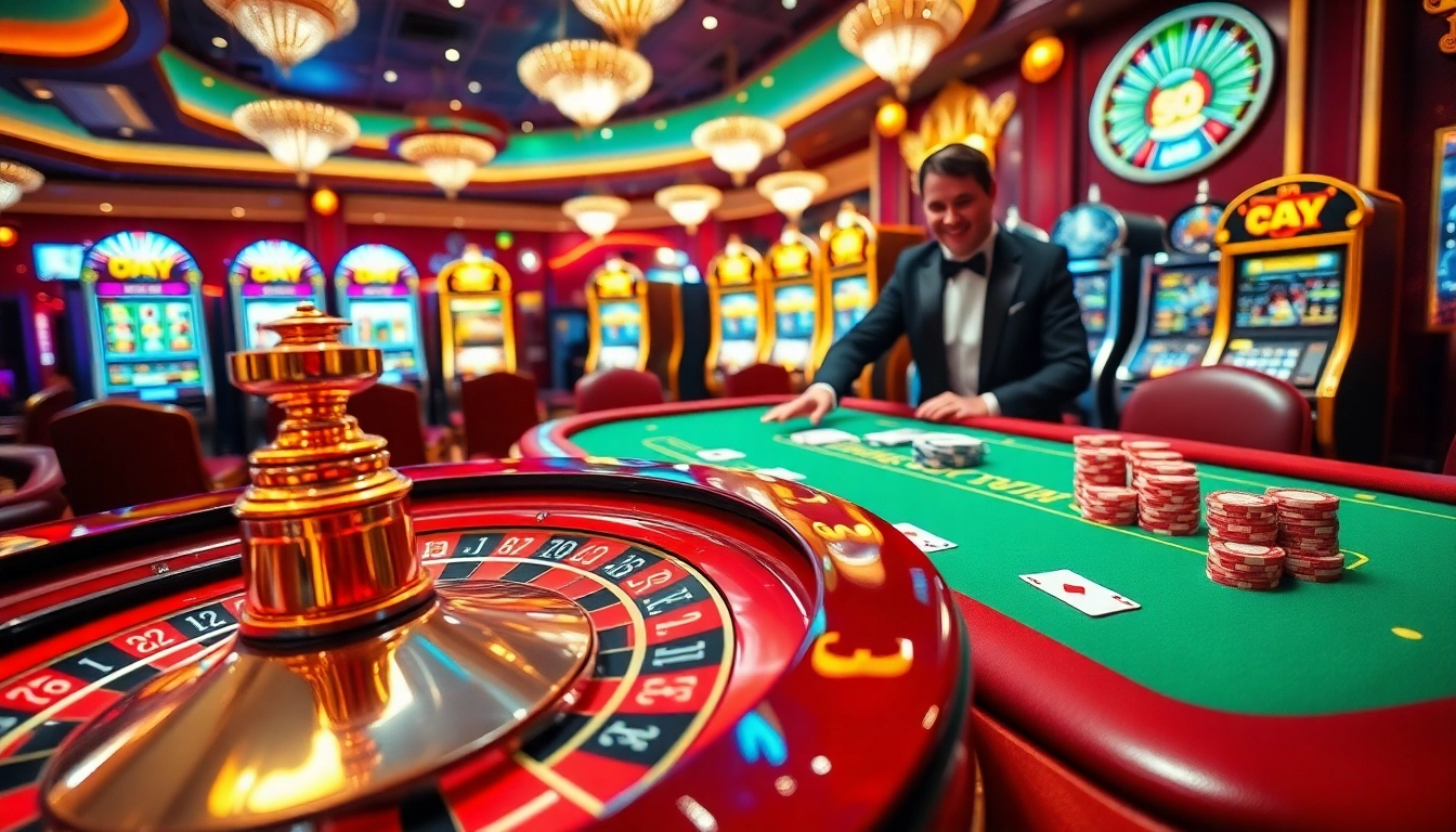 A luxurious casino scene at https://tr88.golf/ showcasing a roulette table, poker cards, and vibrant slot machines.