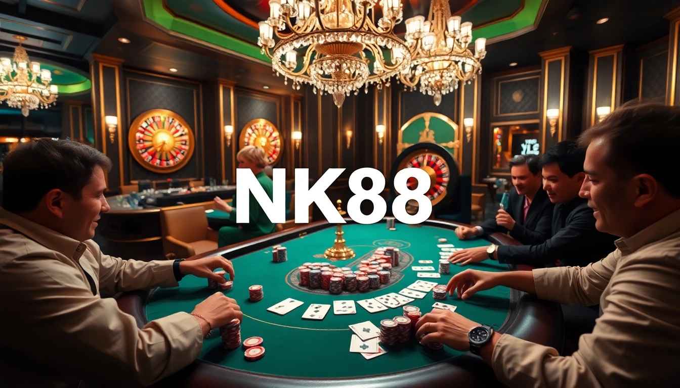 Experience the thrill of gambling with NK88 at an elegant poker table, surrounded by colorful chips and excitement.